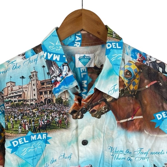 BF1015 Men’s DEL MAR Thoroughbred Horse Racing LINEN Button Down Shirt L - Picture 2 of 4